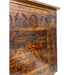 17th century and later cedarwood and pine side cupboard, moulded rectangular top, enclosed by two doors possibly removed and reused from a Venetian Cassone, carved and decorated with penwork, the upper architectural arcade with busts of noblemen, the larger decoration depicting hunters on horseback within woodland landscape with various animals, central and flanking uprights decorated with classical female figures upon pedestals, lower roundels decorated with lion and putto motifs, overall foliate decoration, raised on five hairy paw carved feet, the interior fitted with shelf