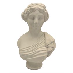 Parian ware model of a female bust on socle plinth, H20cm, resin model of 'Venus', together with other resin and composite classical figures and busts, H42cm max (6)