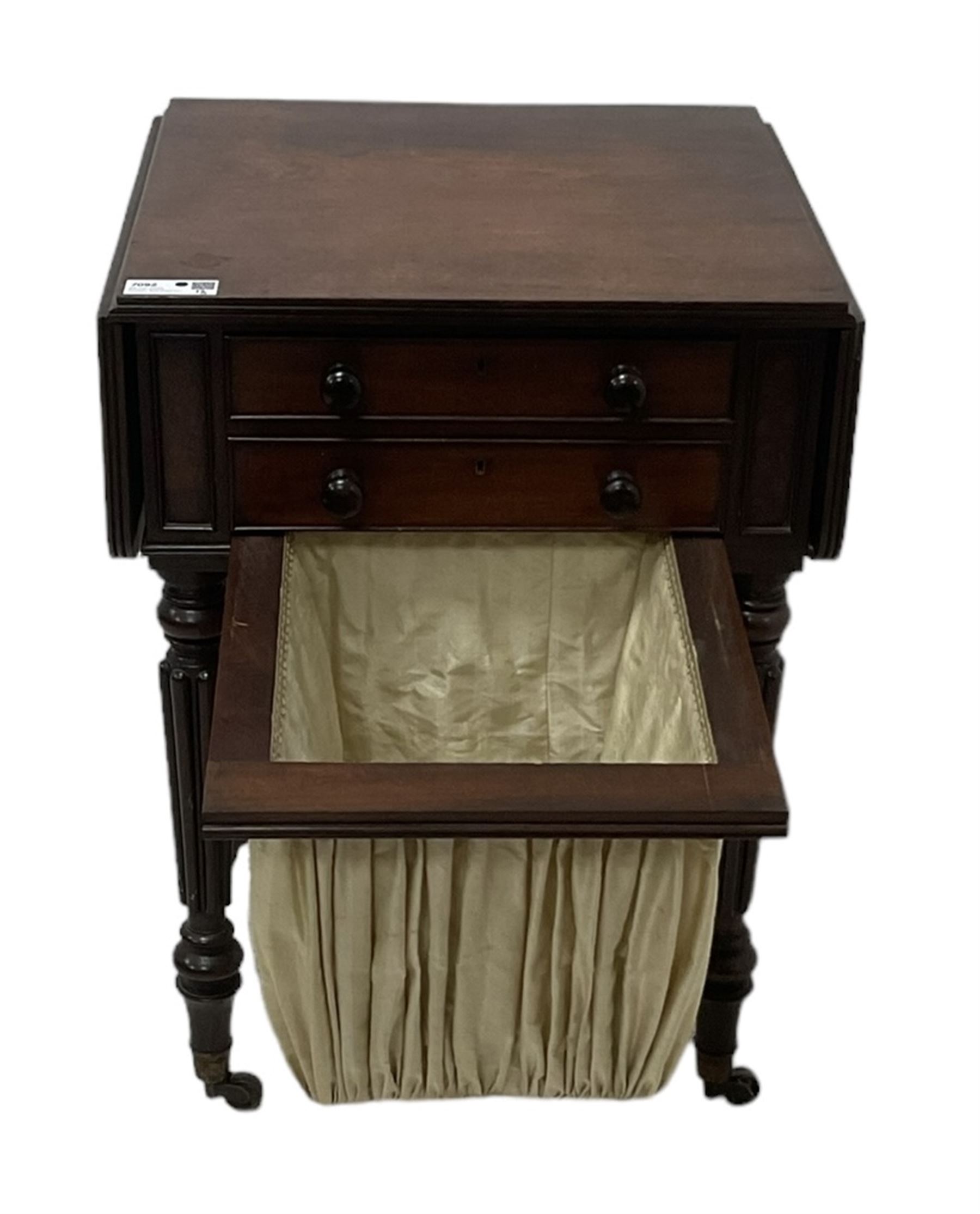 19th century mahogany drop-leaf work table, rectangular top with rounded corners, fitted with two cock-beaded drawers over pleated silk storage well, with matching opposing faux drawers, on turned and lobe moulded supports on castors