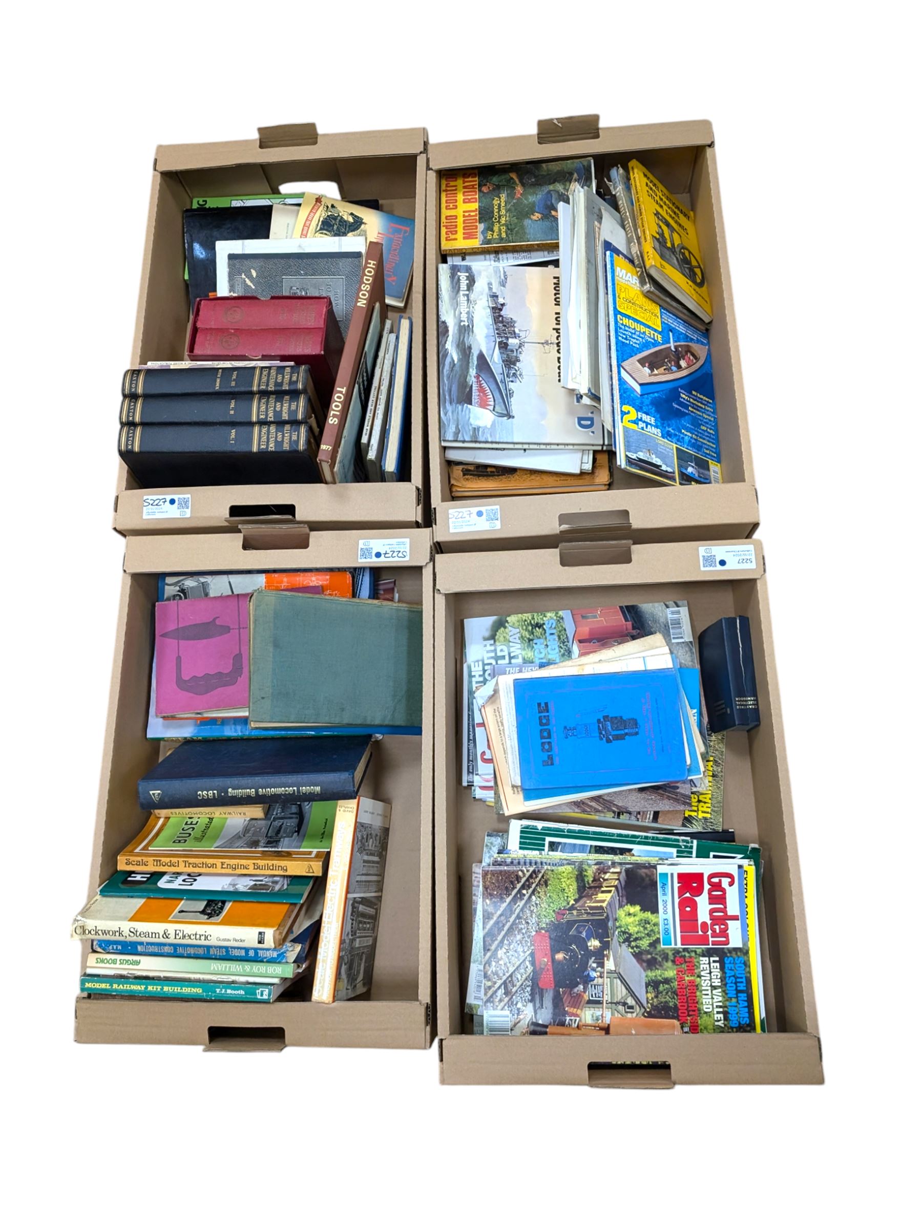 Large collection of reference books, relating mostly to model railway, model boats and engineering, in four boxes