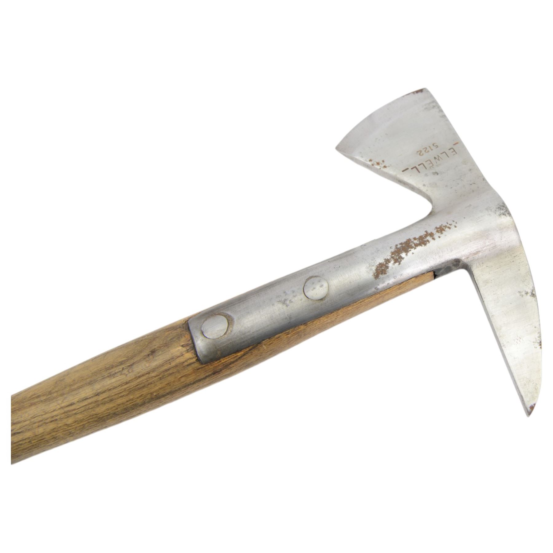 1950s fireman's axe by Elwell, model 5122, marked with Broad Arrow, with canvas belt holder, together with Swiss steel and oak climber's ice axe, the blade stamped Robert Lawrie Ltd. London W1, fireman's axe L39cm