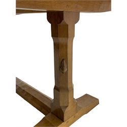 Rabbitman - oak dining table, rectangular adzed top on octagonal supports, on sledge feet joined by floor stretcher, carved with rabbit signature, by Peter heap, Wetwang 