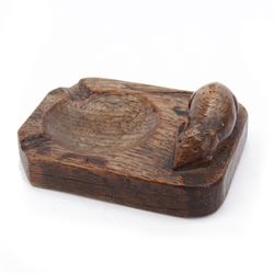 Mouseman - oak ashtray, rectangular form with rounded and canted corners, carved with mouse signature, by the workshop of Robert Thompson, Kilburn