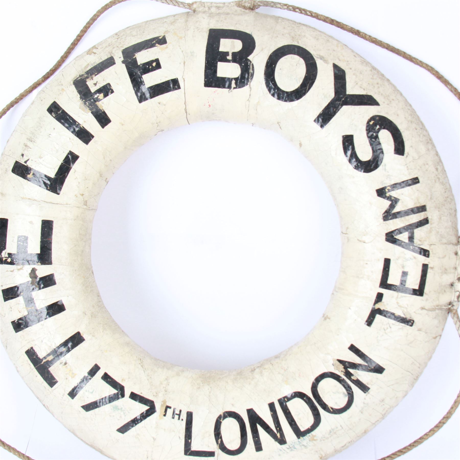 Early 20th century lifebuoy, painted in black lettering 'The Life Boys 177th London Team' upon a white ground, D53cm