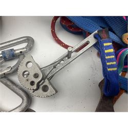 Collection of 1960s/70s climbing equipment including two original Hamish McInnes Pterodactyl ice axes, Joe Brown helmet, carabiners, ropes and wires etc