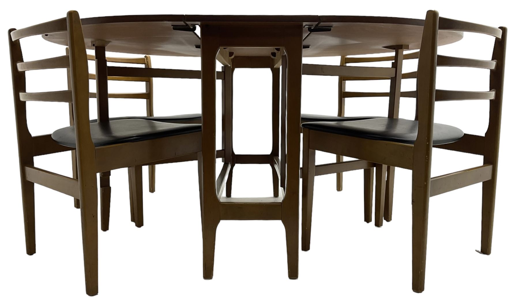 Mid-20th century teak drop leaf dining table (113cm x 147cm, H72cm); and a set of four chairs