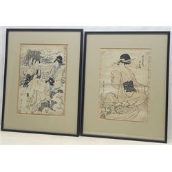 Manner of Kitagawa Utamaro (Japanese 1753-1806): Seated Lady, Japanese Woodblock print 33cm x 23cm and Ladies Harvesting Crops, woodblock prints with character marks 35.5cm x 25cm(2)