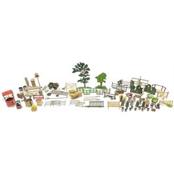 Various Makers - collection of lead/die-cast farm accessories including fences and gates, wishing wells, beehive, dovecote, stiles, haystacks, ladders, bridge, sacks, barrels, churns, buckets etc