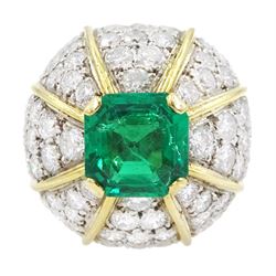 18ct white and yellow gold emerald and diamond dome ring, octagonal cut emerald, surrounde...