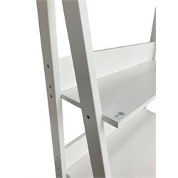 Contemporary white finish shelving unit, five graduating sloped shelves