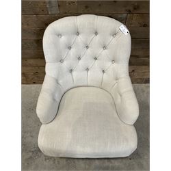 Armchair upholstered in button back linen fabric