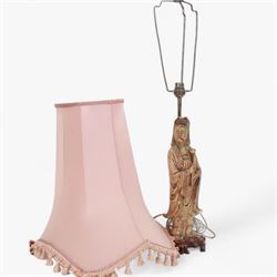 Carved soapstone lamp modelled as Guan Yin, upon hardwood base, with pink fabric shade, including shade H77.5cm