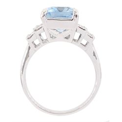 18ct white gold emerald cut aquamarine ring, with stepped design round brilliant cut diamond shoulders, stamped 750, aquamarine approx 4.90 carat, total diamond weight approx 0.30 carat