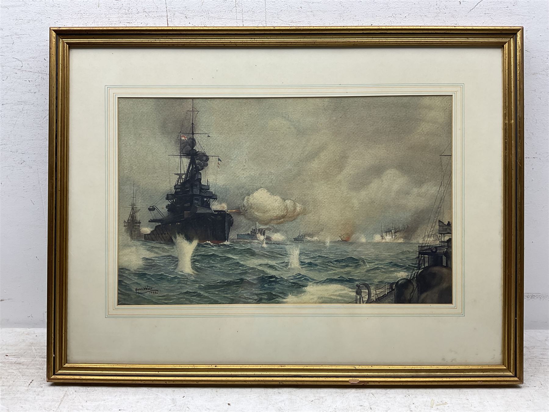 Harold Webb (British Early 20th century): Naval Battle Scene with Destroyer Warship, pair watercolours signed and dated 1922, 30cm x 49cm (2)