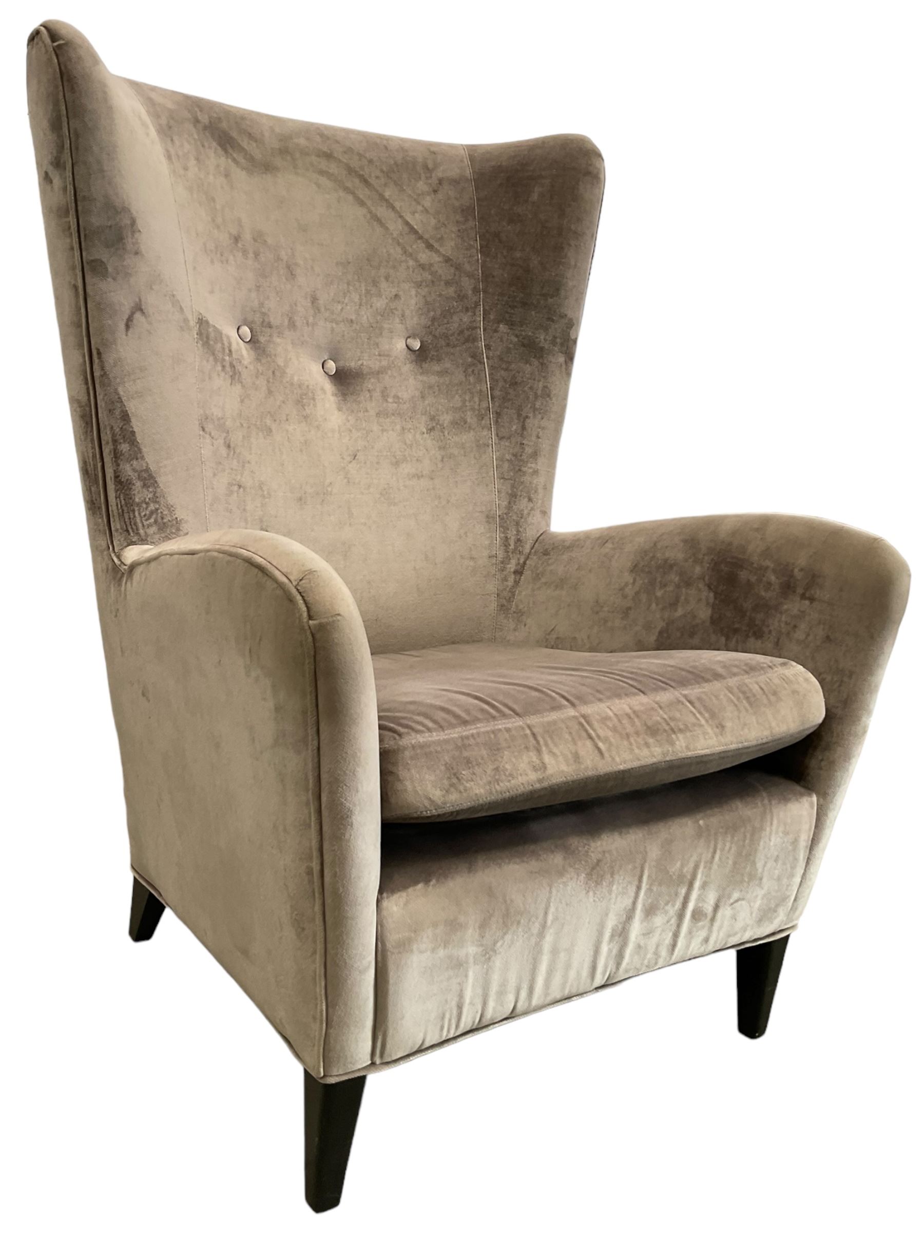 2 x Wing back armchair upholstered in silver crushed velvet fabric