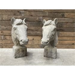 Pair of cast stone horse head garden or gate post figures