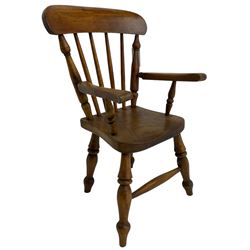 19th century elm and beech child's farmhouse chair, shaped cresting rail over stick back, on turned supports 