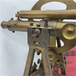 19th century brass transit theodolite by Troughton & Simms, the sighting telescope with rack and pinion focusing, above an inset compass, upon four levelling feet and a rectangular wooden base, including base H35.5cm