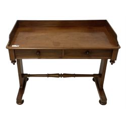 Victorian mahogany washstand, three-quarter raised gallery back, rectangular top with over two drawers, on shaped end supports united by ring-turned stretcher