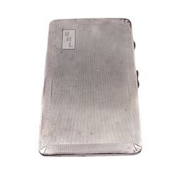 1930s silver cigarette case, of rectangular form, with engine turned decoration throughout and engraved cartouche to front cover, hallmarked Mayes, Mills & Co, Birmingham 1937, H14cm