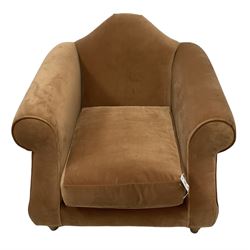 Loaf - hardwood-framed armchair, camelback and rolled arms, upholstered in rust velvet fabric, on turned oak front feet