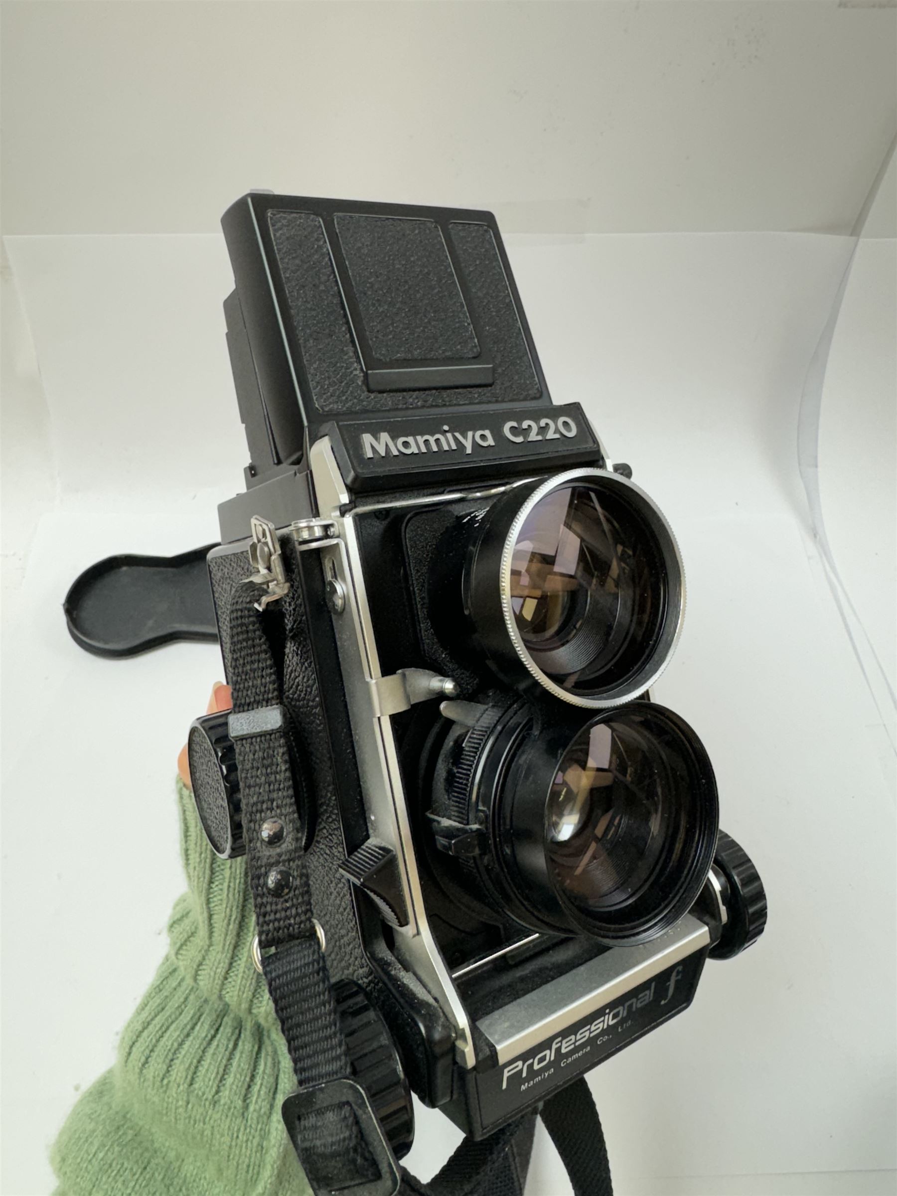 Mamiya C220 Professional F TLR camera, date code JB circa 1980s, serial no. W100501, with twin Mayima-Sekor 1:3.5 f=65mm lens, serial no. 5791660