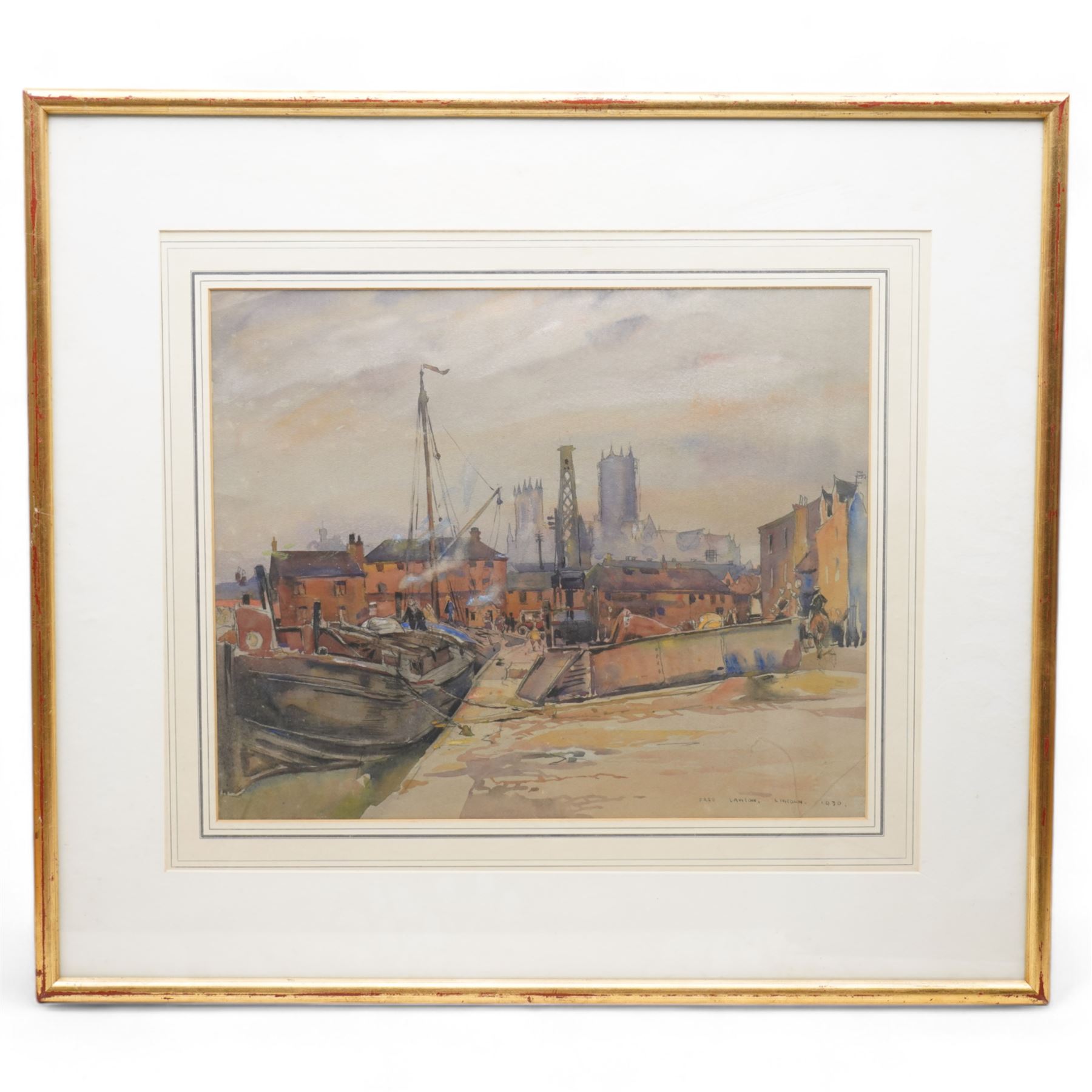 Frederick (Fred) Lawson (British 1888-1968): 'Lincoln' Docks with Cathedral Behind, watercolour signed titled and dated 1930, 36cm x 44cm