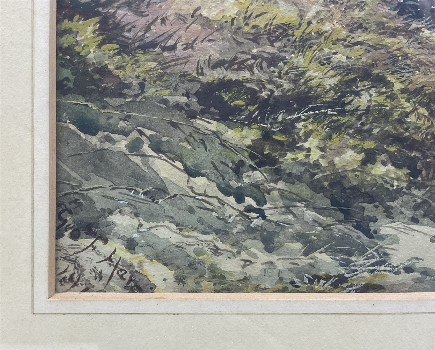 George F Hargitt (Scottish/Canadian 1837-1927): Woodland Stream with Children Fishing, watercolour and gouache signed and dated 35cm x 25cm
Provenance: from the Library of John Henry Birkenshaw (probably 1891-1948 Toronto) Canada, label verso