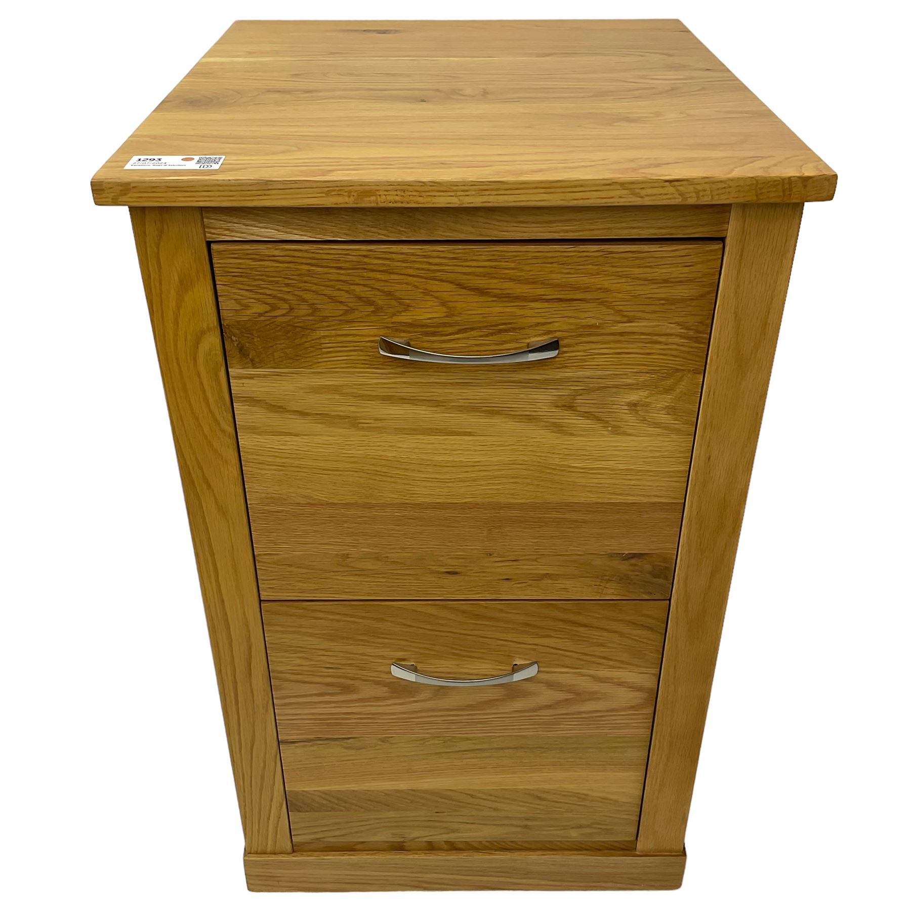 Contemporary light oak filing cabinet, rectangular top over two drawers each fitted with metal rods, on plinth base