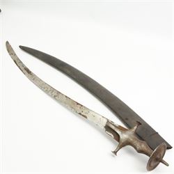  19th century Afghan Khyber knife with engraved blade and horn grip 60cm blade length, another similar Khyber knife, Indian Tulwar and a Kukri (4)