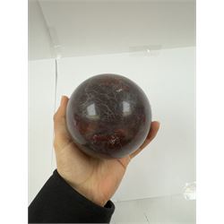 Pair red marble sphere with white and black veins, D10cm 