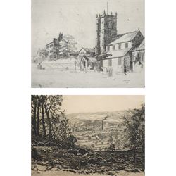 Frederick (Fred) Cecil Jones RBA (British 1891-1966): 'Leeds and Liverpool Canal - Near Bradford' and 'Calverley Church - Near Leeds', two etchings signed and titled in pencil max 15cm x 20cm (2) (unframed)