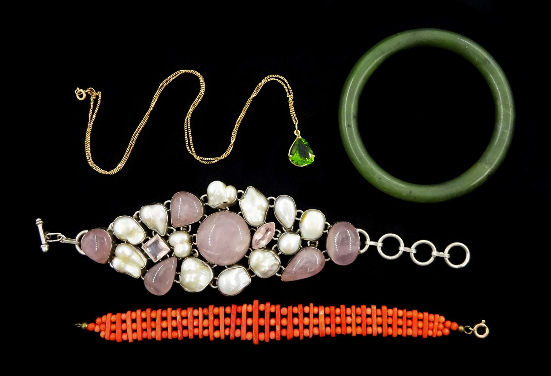 Silver pearl and rose quartz bracelet, 9ct gold green paste stone set pendant necklace, coral bead bracelet, with 9ct rose gold clasp and a green bangle