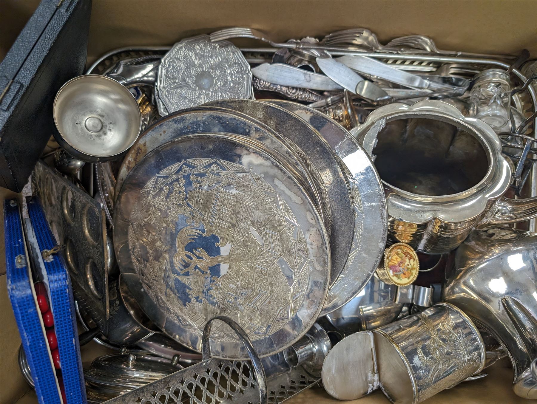 Collection of silver plate, including trays, cutlery, jugs, etc