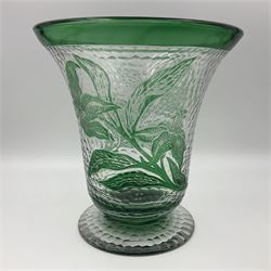 1930s Richardsons Cameo Rich vase of footed bell form, with green cut lilies over a planished effect ground below plain border, 20cm