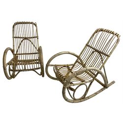 Pair of mid-20th century bamboo rocking chairs, in the style of Rohé Noordwolde