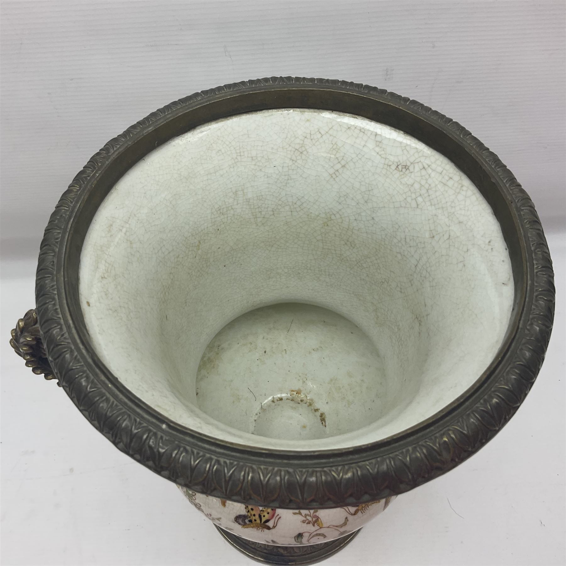 Wong Lee, twin handled ceramic urn with enamelled floral decoration and bronzed metal mounts, marked to base, height 33cm