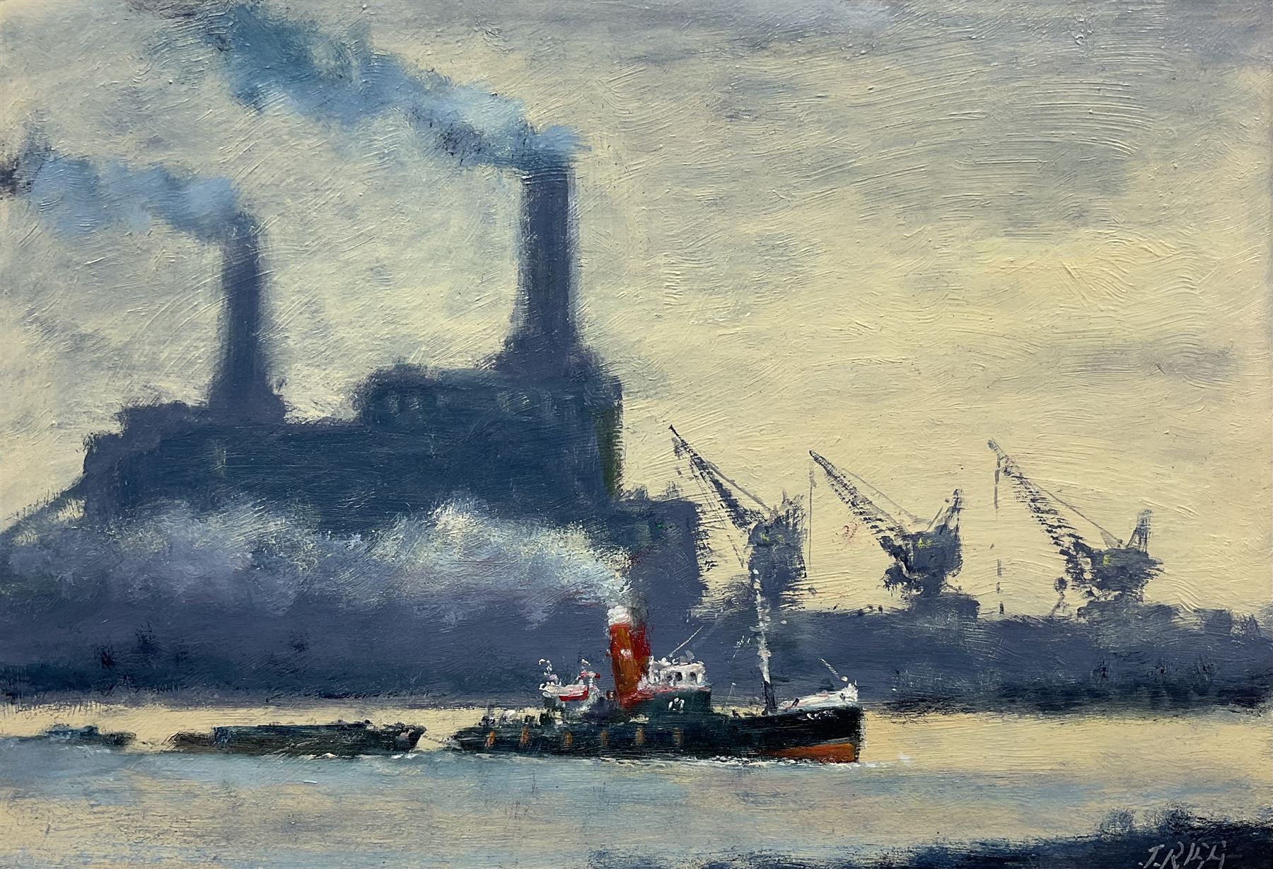 Jack Rigg (British 1927-2023): Tug and Tow Passing Battersea Power Station, oil on board signed, dated 2017 verso 27cm x 40cm