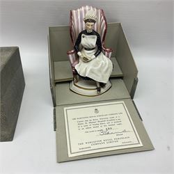 Royal Worcester limited edition figure, Sister St Thomas Hospital (London), no 180/500, modelled as a nurse in uniform, sitting on a striped wingback chair, with printed mark beneath, in original box with certificate, H16cm