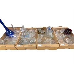 Collection of glassware, including Stuart Crystal glasses, decanters, large blue glass vas...