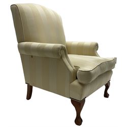 Wesley-Barrell - Georgian design traditional shaped armchair with rolled arms, sprung back and loose seat cushion upholstered in beige striped fabric with gold piping, raised on cabriole supports with ball and claw feet