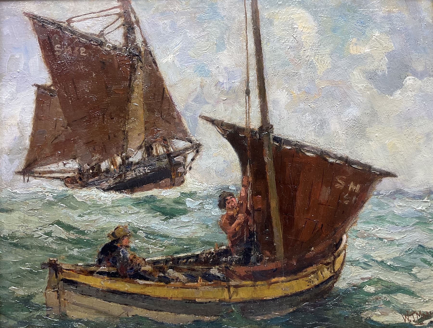 William J Mann (Scarborough early 20th century): 'A Fair Breeze' - Scarborough Yawl and Coble at Sea, oil on panel signed, titled and inscribed 'Newby' verso 33cm x 44cm 
Notes: Mann was a member of the Fylingdales Group of Artists and lived in Newby, Scarborough.