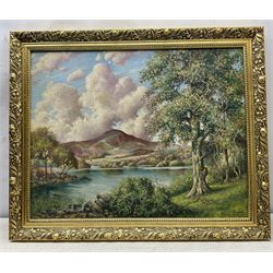 Herbert Newell 'Bert' Palmer (British 1900-1980): Rydal Water, oil on board signed and dated 1955  54cm x 68cm
Notes: better known as an actor, appearing in A Kind of Loving (1962), The Avengers (1961), Nearest and Dearest (1968), and Coronation Street, Bert Palmer was also an accomplished artist.