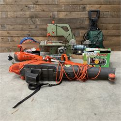 Flymo electric garden vac, DeWalt scroll saw, bench grinder, Polti steam cleaner, extension reel and other tools