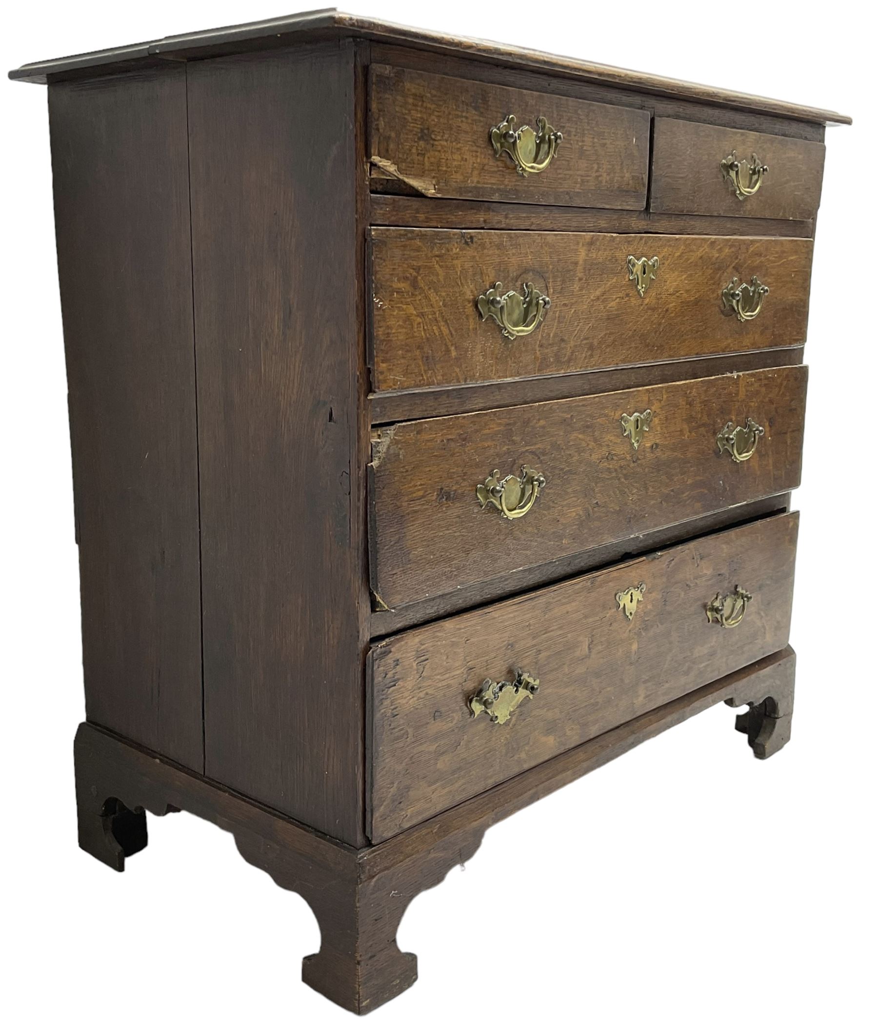 George III oak chest, moulded rectangular top over two short and three long graduating drawers, raised on bracket feet