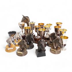 Bronze resin horse racing trophy by Doris Lindsey in the form of horse's head, two others by Robert Donaldson, various others and a number of plated challenge cups, variously engraved 