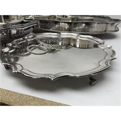 Silver plated waiter with embossed rim, together with another similar waiter, silver plated trays, cheese dome and a glass serving dishes, etc