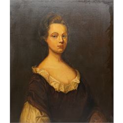 English School (20th Century): Portrait of a Lady in Pearls, oil on canvas unsigned, paired with a similar print 70cm x 60cm (2)