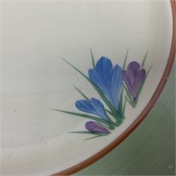 Clarice Cliff trio and plate in Spring Crocus pattern, all with printed mark beneath, plate D25cm 