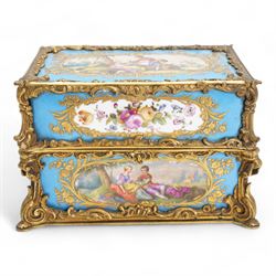 19th century Sevres style porcelain and gilt brass casket, the fall front hinged cover painted with a courting couple in a landscape within raised gilt border on on a bleu celeste ground, the side panels depicting floral sprays and a further courting couple, within gilt brass scroll borders, L20cm x H12.5cm 